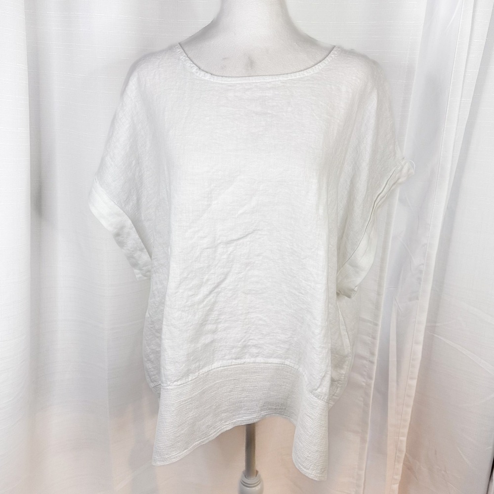 Bellambra Linen Top Womens 1X White Tunic Blouse Lagenlook Coastal Boho Plus